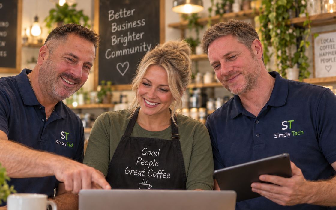 A smiling team helping a local business owner at a laptop