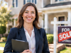 A smiling real estate agent beside a For Sale sign