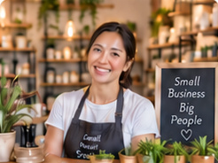 A smiling shop owner behind her counter