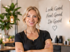 A smiling salon owner with arms crossed