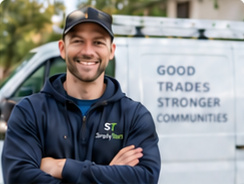 A smiling tradesperson in front of a work van